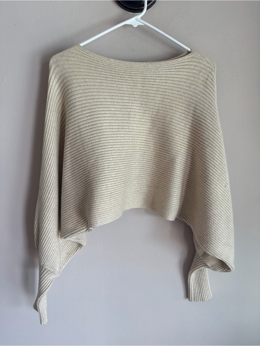 Off-the-Shoulder Ribbed Cropped Sweater - Cream